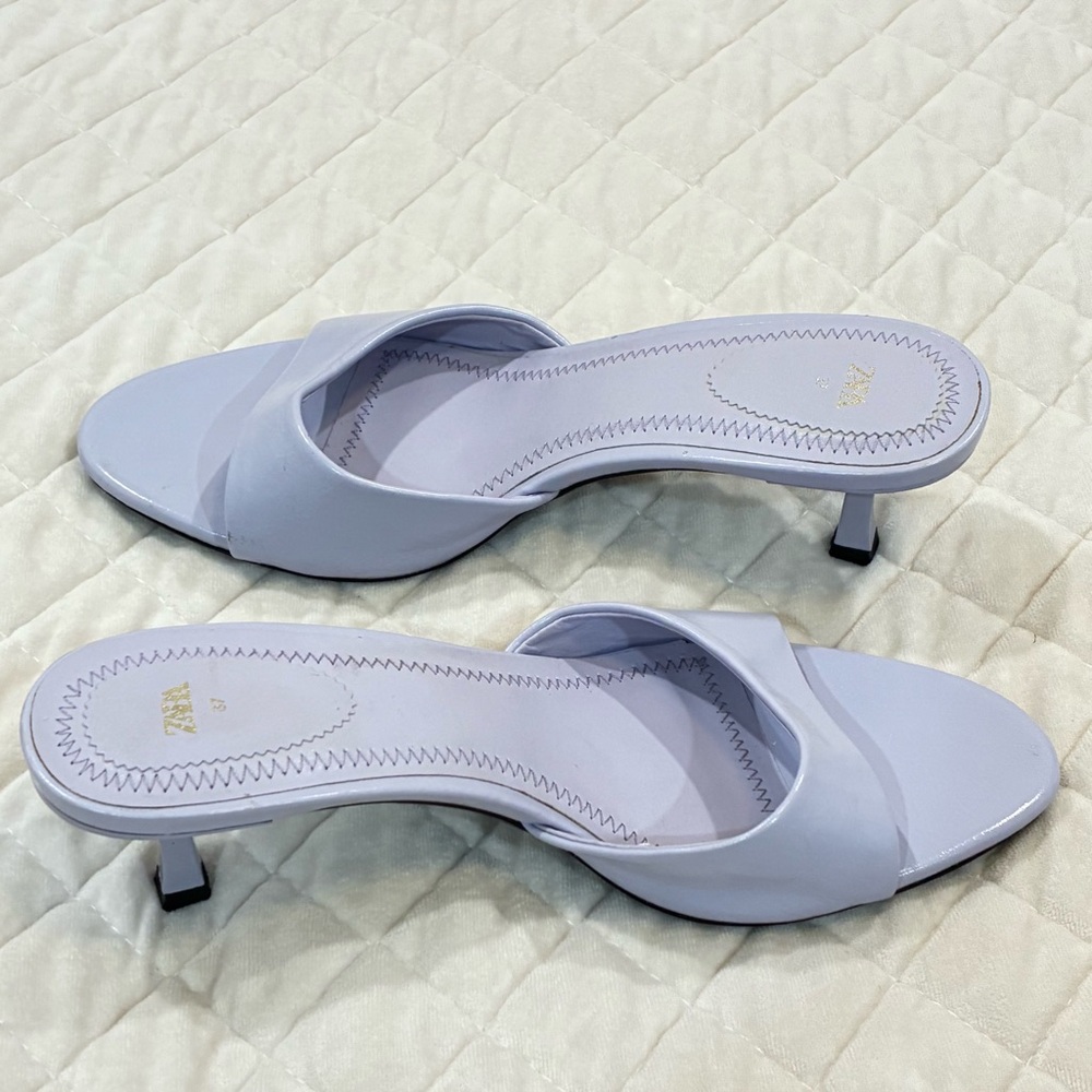 Zara Lilac Patent Kitten Heel Mules Lavender Light Purple Slide Sandal 37 - Picture 1 of 6